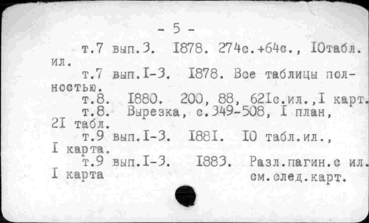 ﻿- 5 -
т.7 вып.З. 1878 . 274c.+64c., Ютабл. ил.
т.7 вып.1-3. 1878. Все таблицы полностью.
т.8. 1880. 200, 88, 621с.ил.,I карт.
т.8. Вырезка, с.349-508, I план, 21 табл.
т.9 вып.1-3. 1881. 10 табл.ил., I карта.
т.9 вып.1-3.	1883. Разл.пагин.с ил.
I карта	см.след.карт.